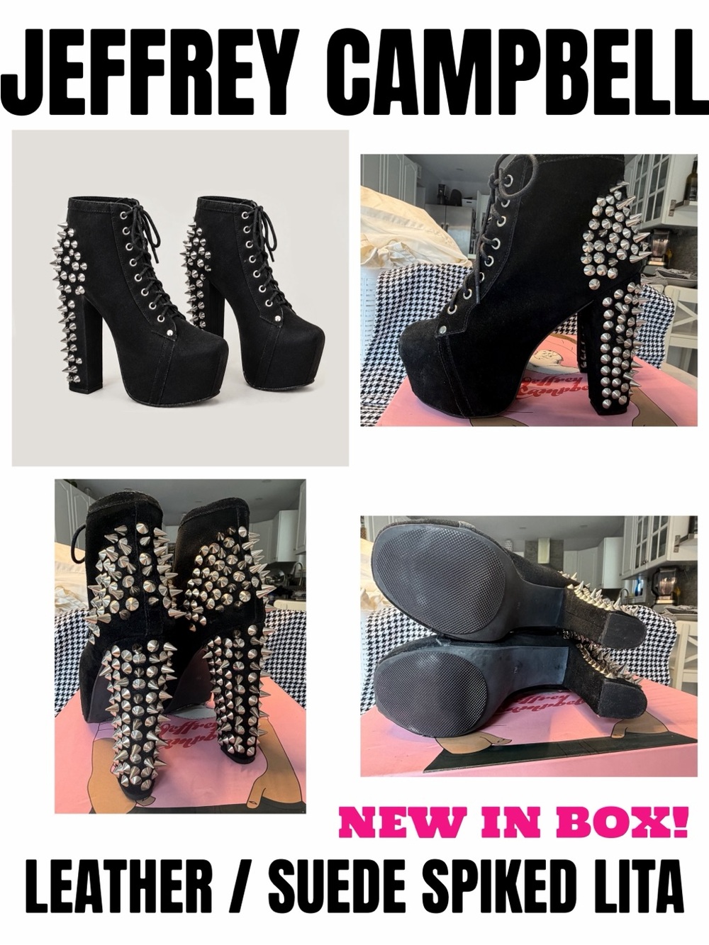NIB Jeffrey Campbell Black Leather / Suede Spike Lita Platform Boots - Size 7
